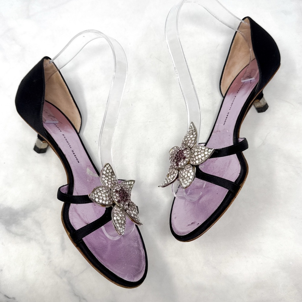 Giuseppe Zanotti Vicini Vintage Y2K Embellish Flower Silk Kitten Heel Mules Rare - Picture 4 of 15